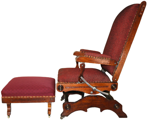 Antique Restored Upholstered Oak & Cast Iron Platform Rocker with Footrest