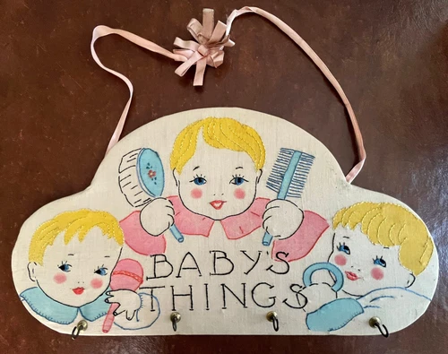 CUTE! Vintage Tinted Hand Embroidered Baby Things Nursery Wall Hanging w Hooks