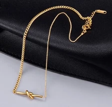 Women Gold Plated Titanium Stainless Steel Gold Knot Heart Bar Necklace 16-18"