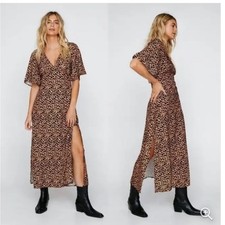 Nasty Gal Tan/Brown and Black Animal Print Short Sleeve Maxi Dress size 0 NWT