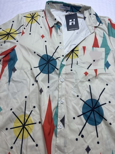 Men's Hawaiian MCM Retro Atomic Starburst Button Up Shirt Franciscan Print SZ M - Picture 3 of 8