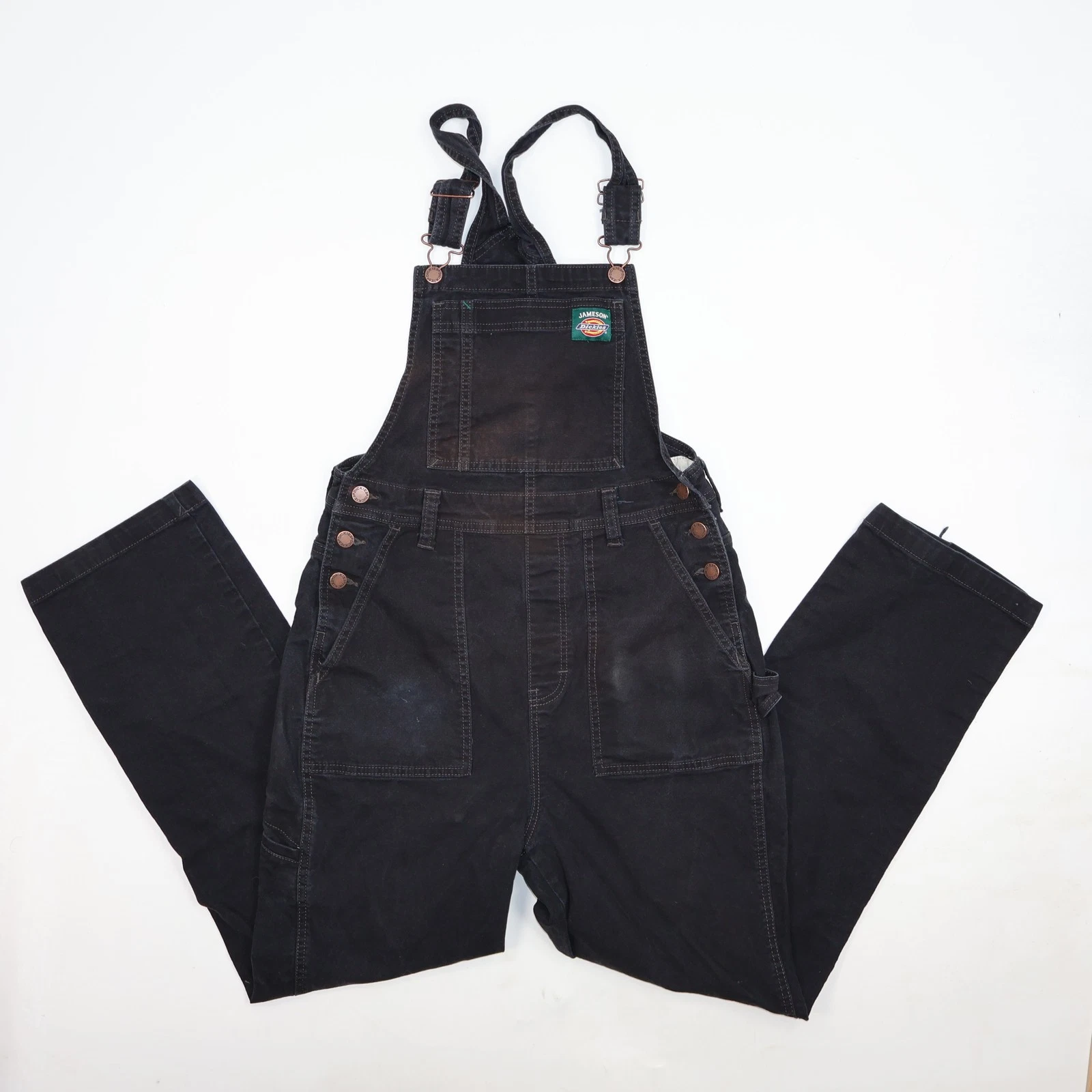 JAMESON Dickies Men's Black Canvas Overalls Relaxed Fit Workwear Distressed Hem