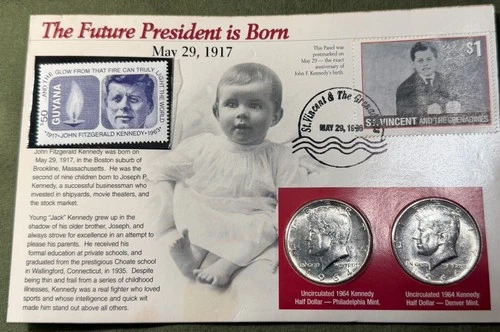 JFK Stamp And Coin Set Including 2 Uncirculated Silver Half Dollars-1964-P & D