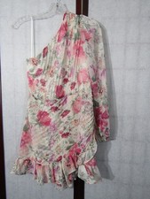 NWT Express Floral Printed Metallic One Shoulder Ruffle Poly Dress Women's M