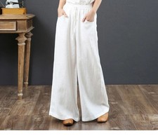 Womens Loose Cotton Linen Wide Leg Pants Ladies Summer Holiday Pockets Trousers