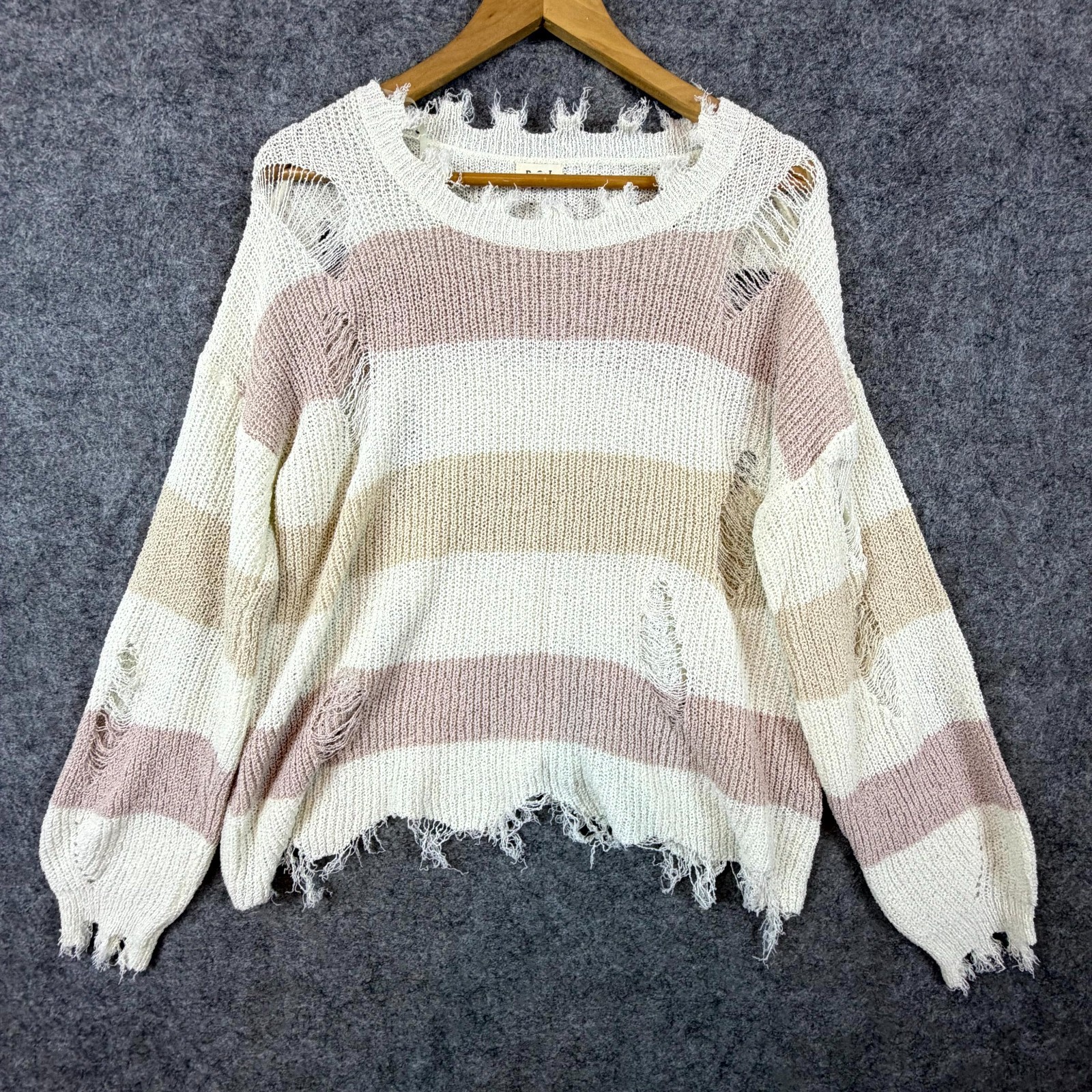Pol Sweater Womens Large Beige Oversized Boho Light Grunge Distressed Raw Hem
