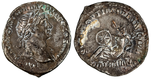 Roman Imperial. Trajan AD 98-117 AR Denarius 3.07 gr., 18 mm VIA TRAIANA RIC 266 - Afbeelding 1 van 3