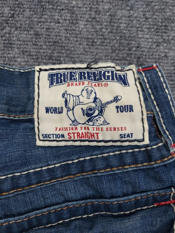 Pantalones de mezclilla True Religion para hombre 34 azules bolsillos rectos con solapa cosidos rojos logotipo de EE. UU. Foto 3 de 4