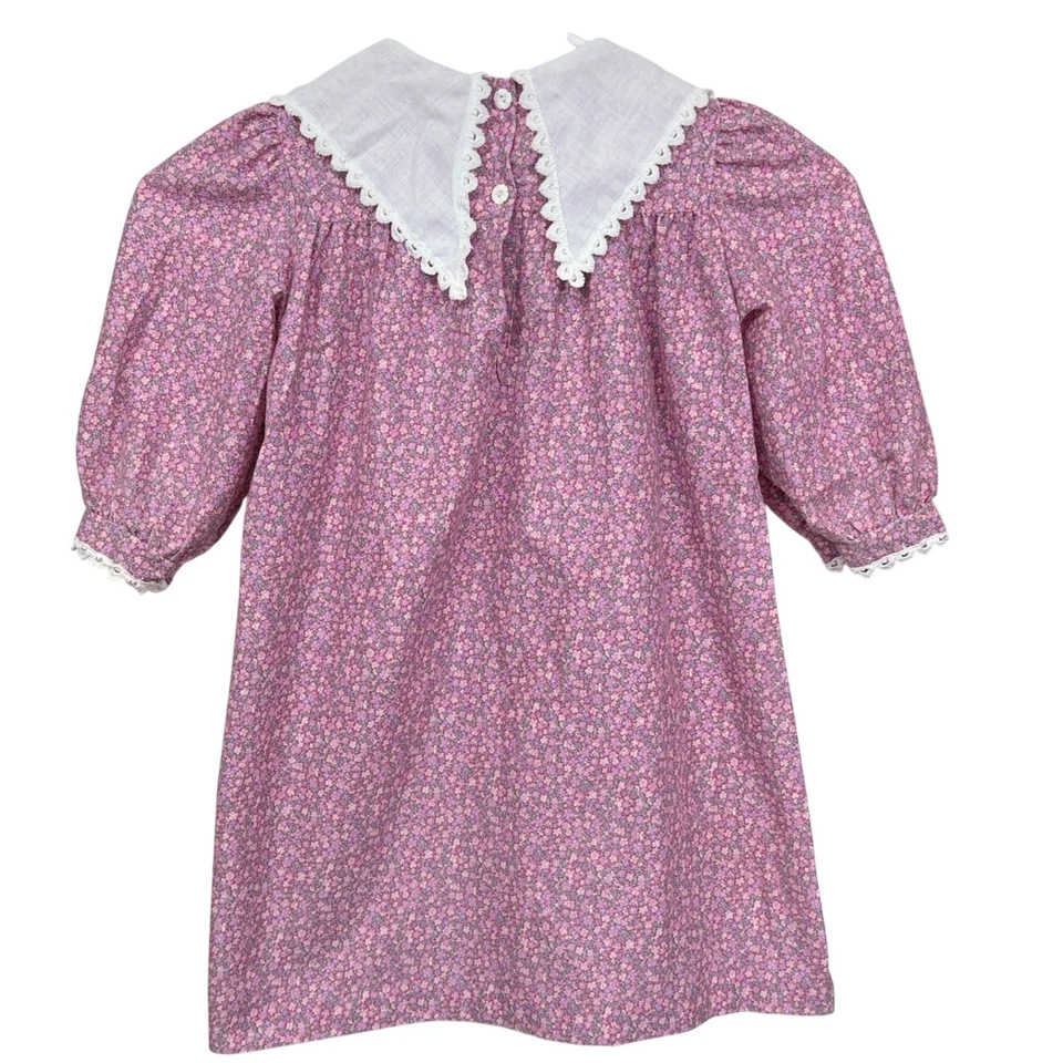 Sarah Louise Girls Dress Size 5 Purple Floral w/Puff Sleeves Lace Collar Vintage - Image 2 of 4