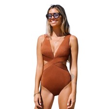 Cupshe Women's Metallic Plunge Cutout One Piece Swimsuit Rust Size XS
