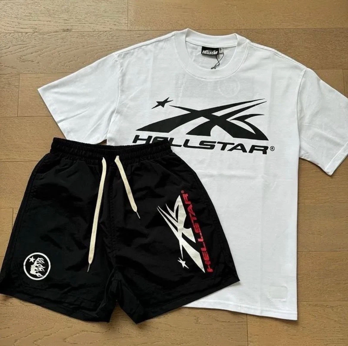 Hellstar Red Black Sweat Shorts & T-Shirt Set Drawstring Pockets Men's Casual