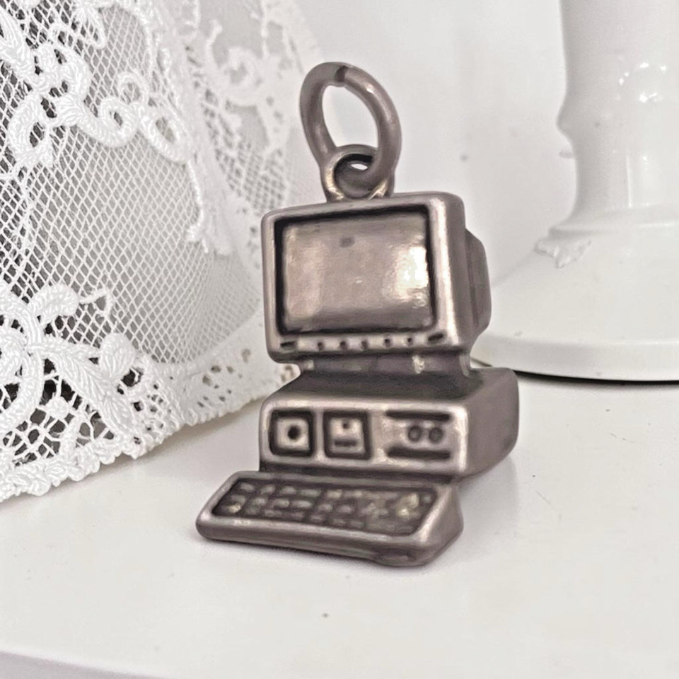 Vintage Retro Desktop Computer PC Keyboard 925 Sterling Silver Charm Pendant, 1"