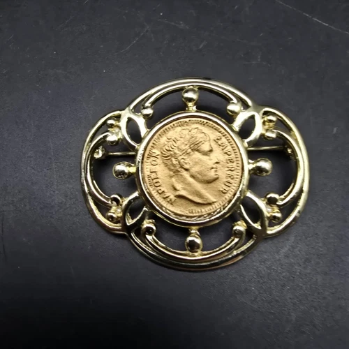 Vintage Faux Coin Brooch Gold Tone Emperor Napoleon Vintage Costume Jewelry