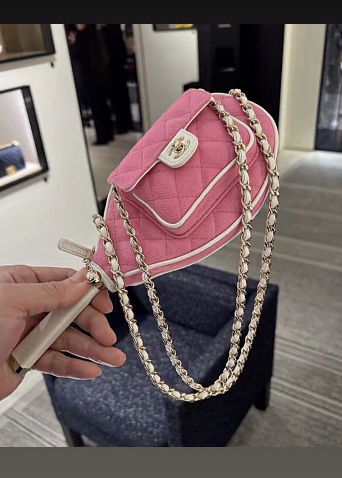 New 23c Chanel Runway Barbie Pink & White Tennis Racket Mirror Handbag Bag  💝slg