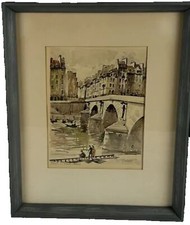 Litografía vintage Herbelot enmarcada mate firmada acuarela Canal de París