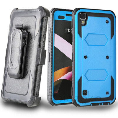 LG X POWER REFINED ARMOR Belt Clip Stand Blue Phone Case Cover SCREEN PROTECTOR