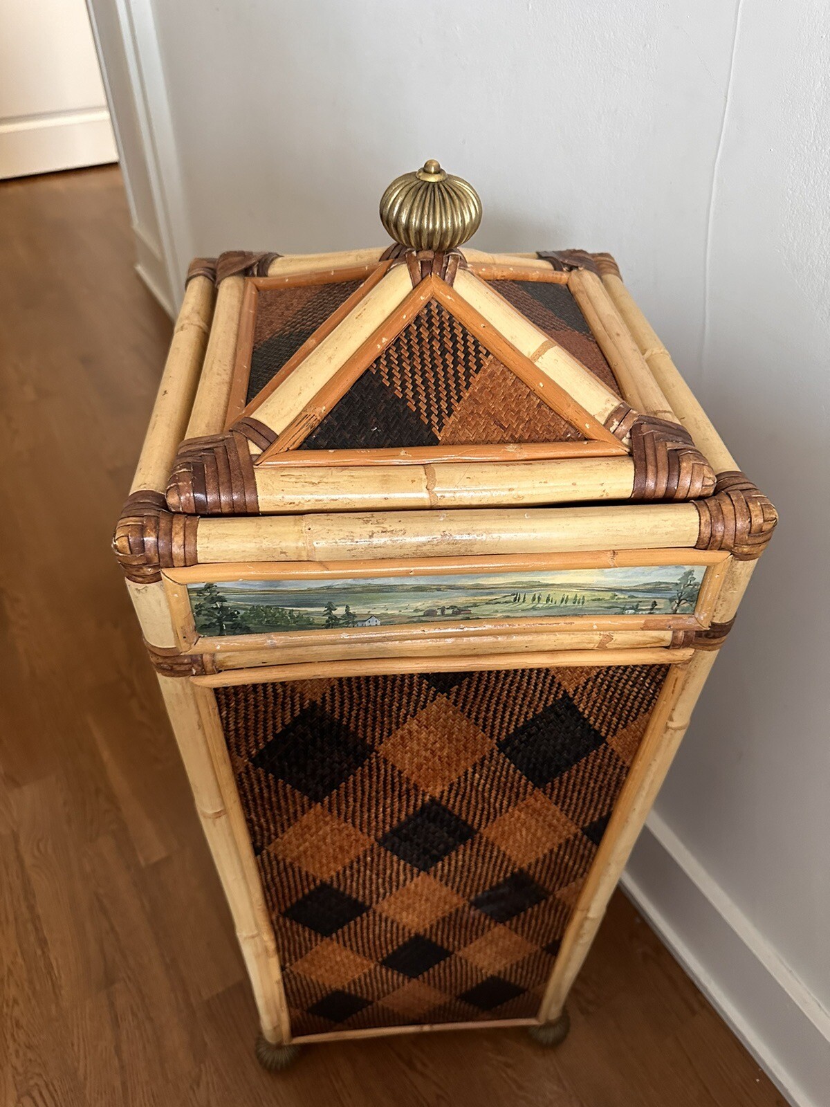RARE MacKenzie Childs Lidded Hamper Ajiro Rattan Bamboo Landscape 35