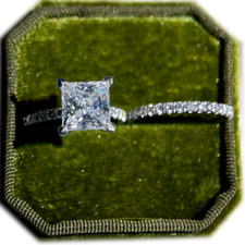 3,35 kt Prinzessschliff Moissanit Braut Set Verlobungsring 14 K Weißgold plattiert