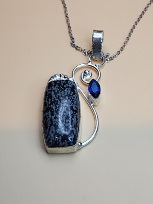 ECHT Schneeflocke Obsidian Blautopas 925 Sterling Silber Anhänger Halskette