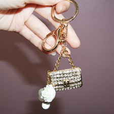 3D Fashion Metal Golden Rhinestone Handbag Purse Keyring Keychain Decoration