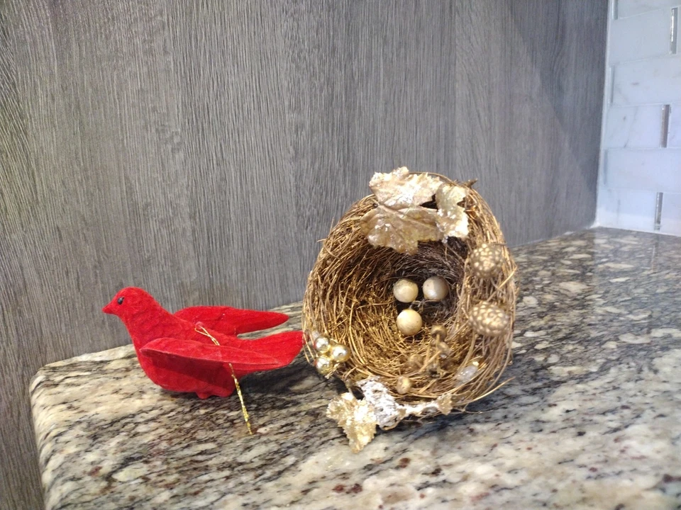 Cardinal W Goldfig Nest &Eggs Christmas Ornament Santa 3.75 See Pictures Set - Image 2 of 4