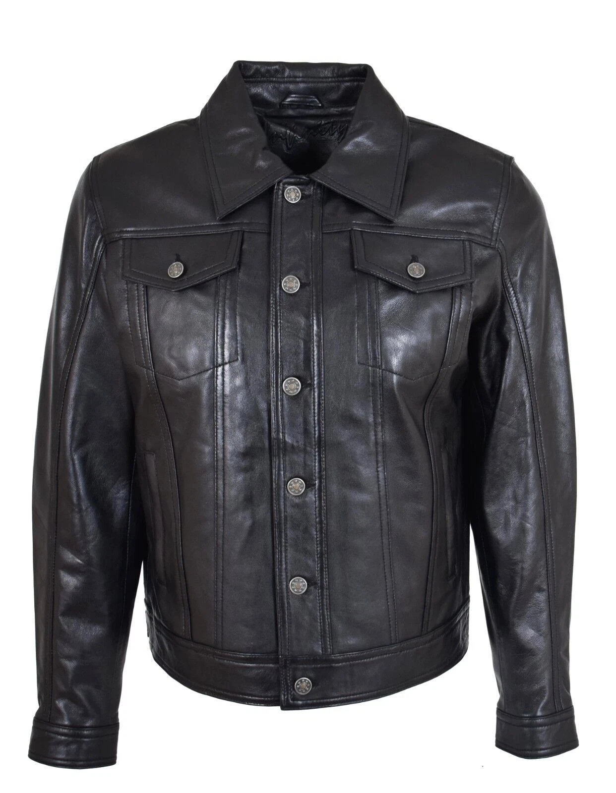 Men's Soft Leather Trucker Jacket Black American Western Denim Style Coat Jacket