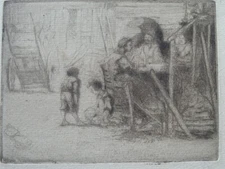 Auguste BROUET (1872-1941) Eau FORTE ORIGINAL ANIMEE PEASANTS FARMYARD 1920