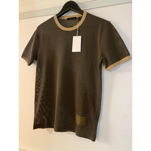 NEW $255 HELMUT LANG DARK RESIN GREEN/CAMEL RINGER CREW MESH T-SHIRT SIZE M