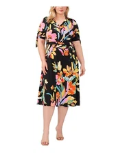 MSK WOMEN Womens Black Elbow Sleeve V Neck Midi Wear To Work Shift Dress Plus 2X