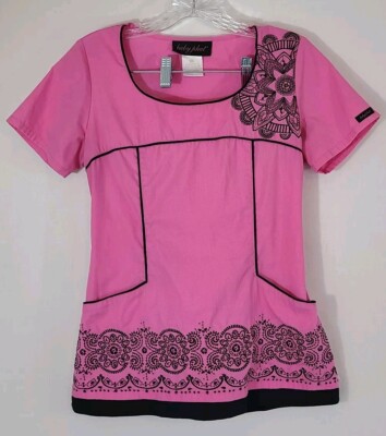Y2K BABY PHAT Scrub Top XS Pink Black Cat Pockets Whimsygoth nurse dental tech