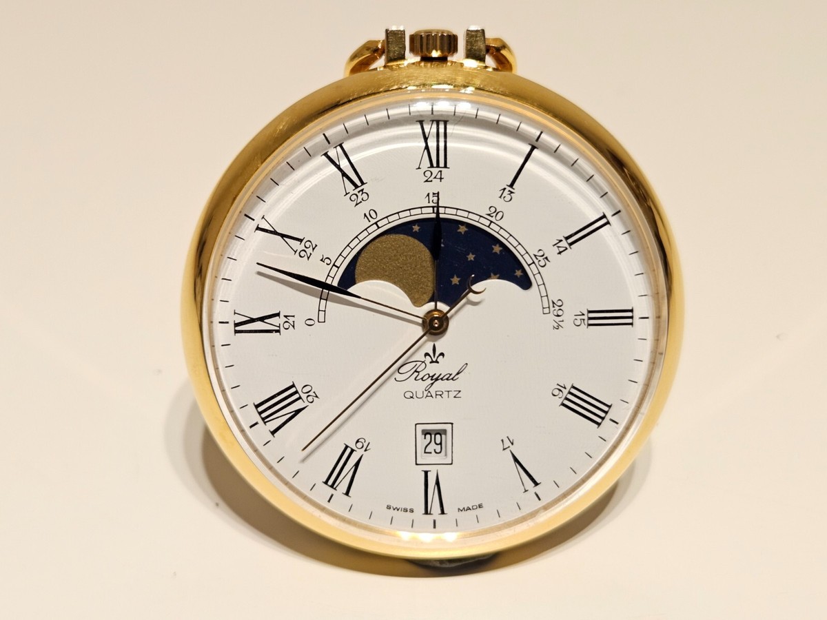 VINTAGE LUXURY SWISS MEN'S GOLD PLATED POCKET QUARTZ MOON PHASE