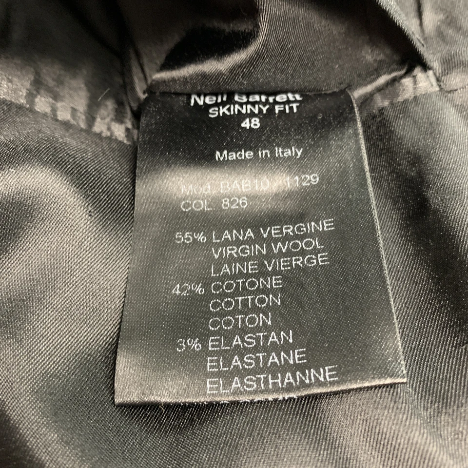 NEIL BARRETT Size 38 Charcoal Black Grid Wool Blend Peak Lapel Sport Coat - Image 4 of 4