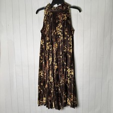 Brown Leopard Midi Pleated Shift Dress Cheetah Animal Print Bow Tie Neck Glam 10