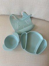 Pottery Barn Blue Plate, Bowl And Bib
