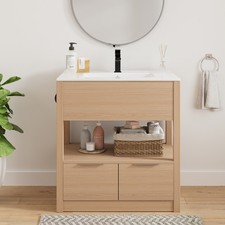 30" Bathroom Vanity: Light Oak Wood, 2 Drawers  Open Shelf