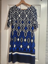Eliza J Dress Womens 8 Blue Geometric Half Sleeve Shift Knee Length Work