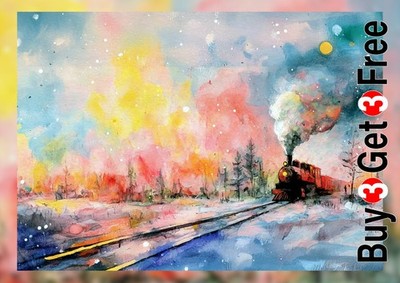 Ätherischer Winter Dampfzug 5''x7'' Druck auf mattem Papier | Aquarell verschneite Kunst