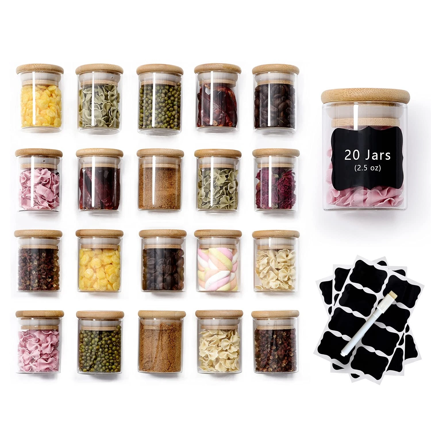 20 Pcs Glass Spice Jars with Airtight Lids, Labels and Pen, 2.5oz Mini Clear ...
