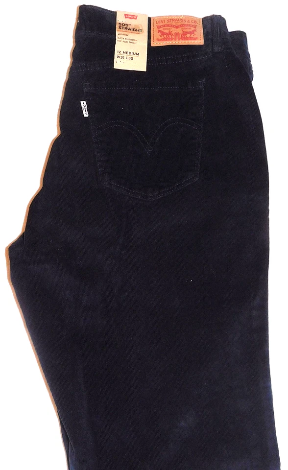 Pantalones de mezclilla elásticos de pana tiro medio azul marino LEVIS 505 calce recto para mujer Foto 2 de 4