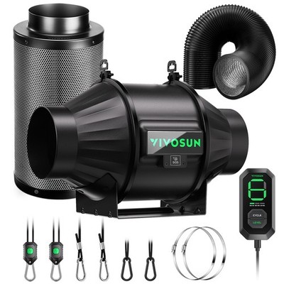 VIVOSUN AeroZesh T4 4'' 210 CFM Inline Duct Fan w/E12,Carbon Filter & 8' Ducting