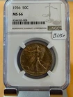 1936 NGC MS 66 Walking Liberty Half Dollar nice toning