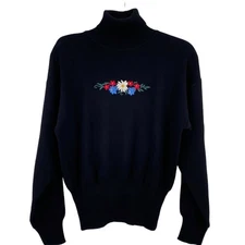 Meister Floral Folk Art Embroidered Wool Ski Turtleneck Sweater Womens Large