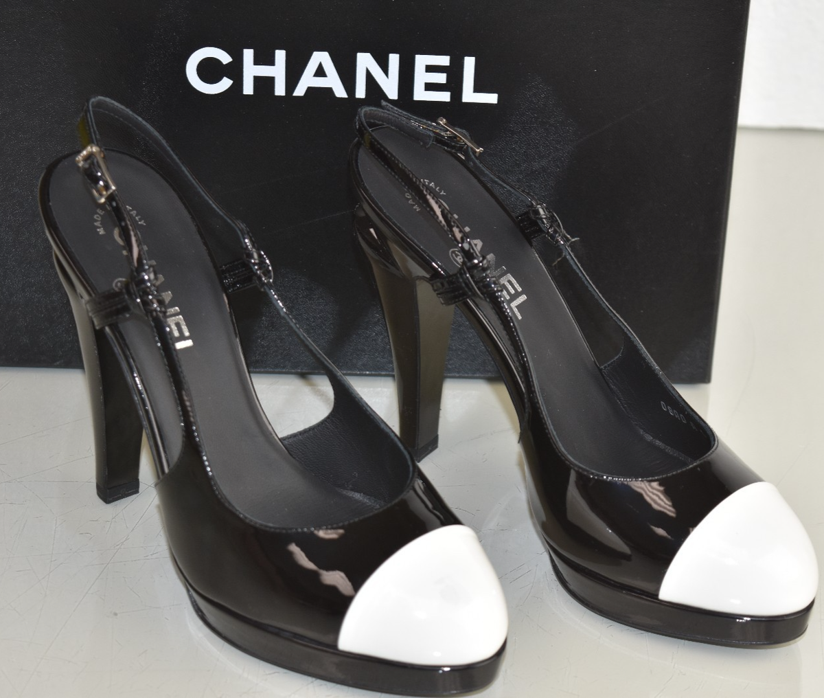 New Chanel Black White Patent Leather Ankle Straps Heels Pumps