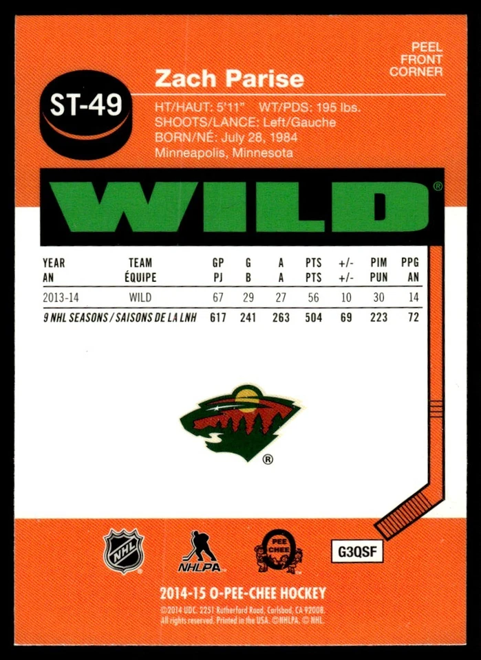 2014-15 O-Pee-Chee Stickers Zach Parise Minnesota Wild #ST-49 - Image 2 of 2