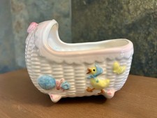 Baby Cradle Ceramic Planter Vintage Nursery Decor Hand-Painted Bassinet 3x4.5
