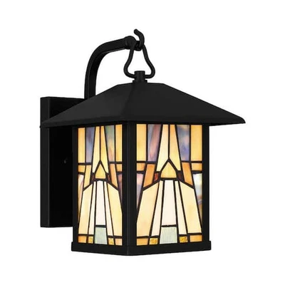 10.5'' Matte Black 1-Light Outdoor Wall Sconce, Tiffany Glass Lantern
