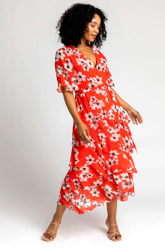Roman sz 16 Red Petite Floral Print Wrap Tiered Frill Midi Dress BNWT Stunning! - Picture 3 of 6