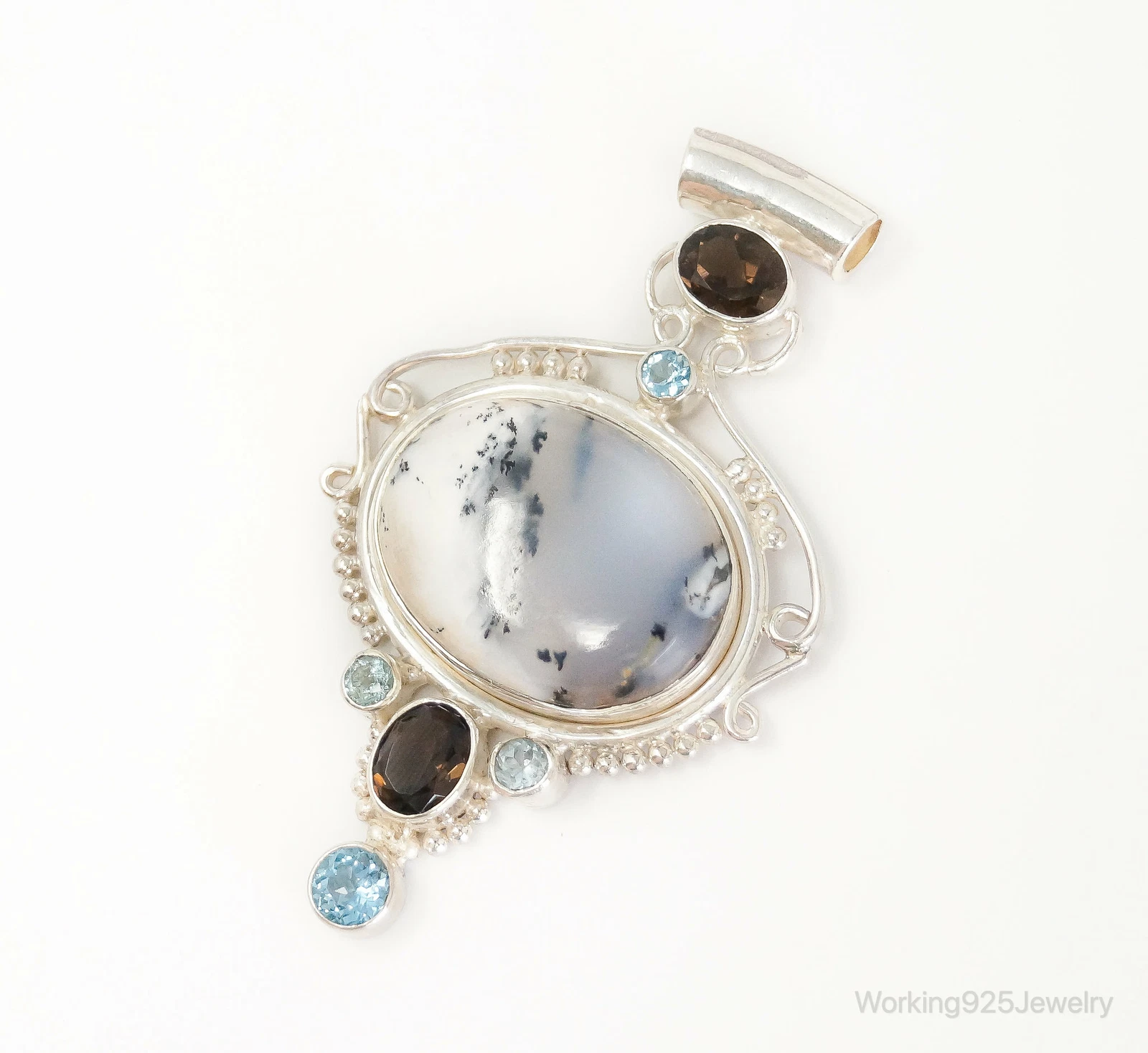 Large SJ Dendritic Agate Smoky Topaz Blue Topaz Sterling Silver Pendant