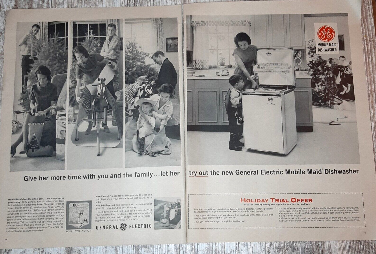 1963 General Electric Vintage Print Ad Dishwasher Portable Mobile Maid Family