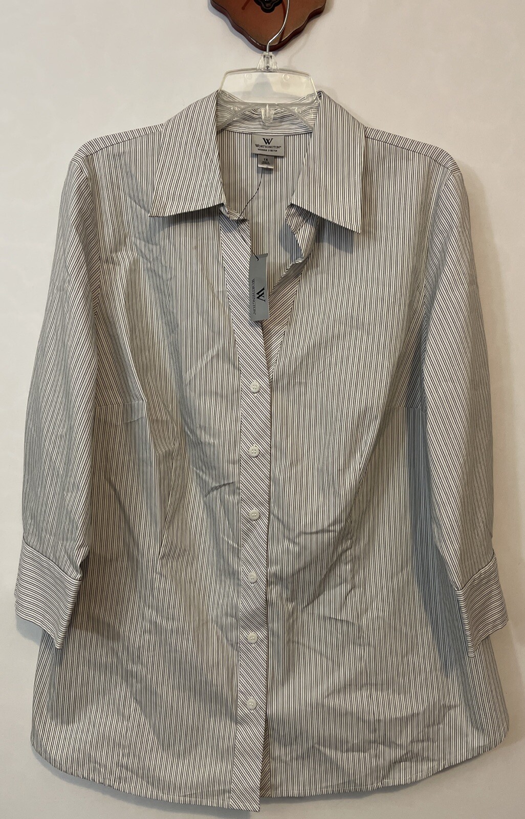 Worthington Womens 1x White Striped Button-Up Casual Collared Blouse NWT! A6526
